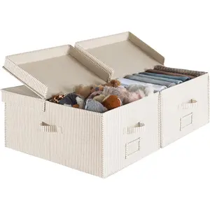 Storage Bins with , 55L Decorative Organizer with Divider Board, Fabric Boxes with Handles, Khaki and Beige Stripes, 2-Pack