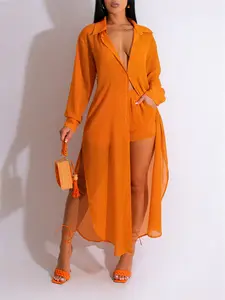 Women's Two-Piece Beach Set Long Cardigan Long Sleeve Shirt & High-Waisted Shorts Clothes Loose Lightweight Breathable Style Vacation Recommended Ladies Ensemble