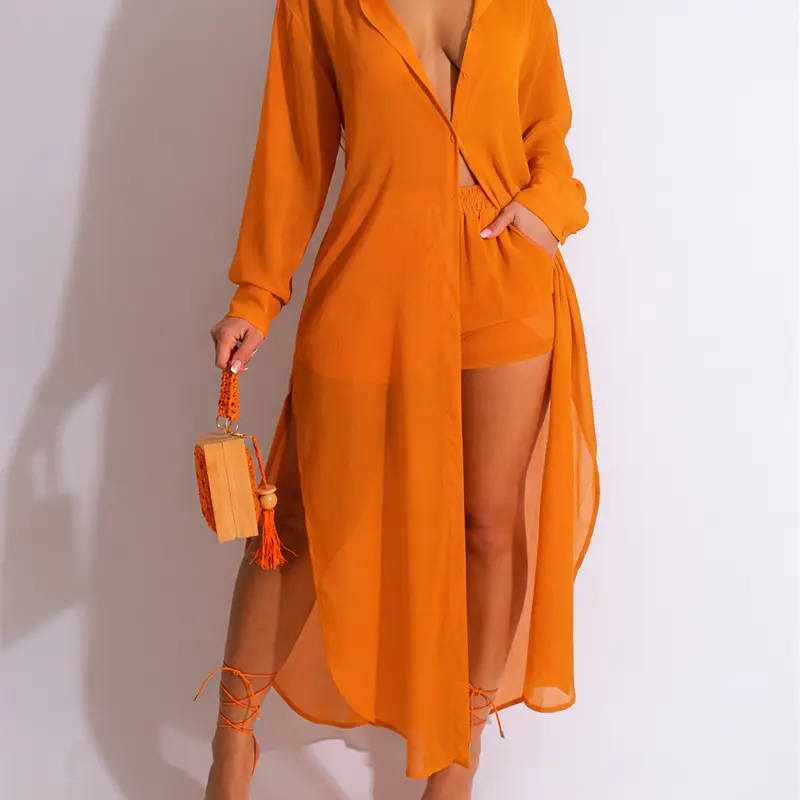 Women's Two-Piece Beach Set, Long-Sleeve Cardigan Shirt and High-Waisted Shorts, Loose Lightweight Breathable Vacation Outfit Style, Two Pieces Outfits