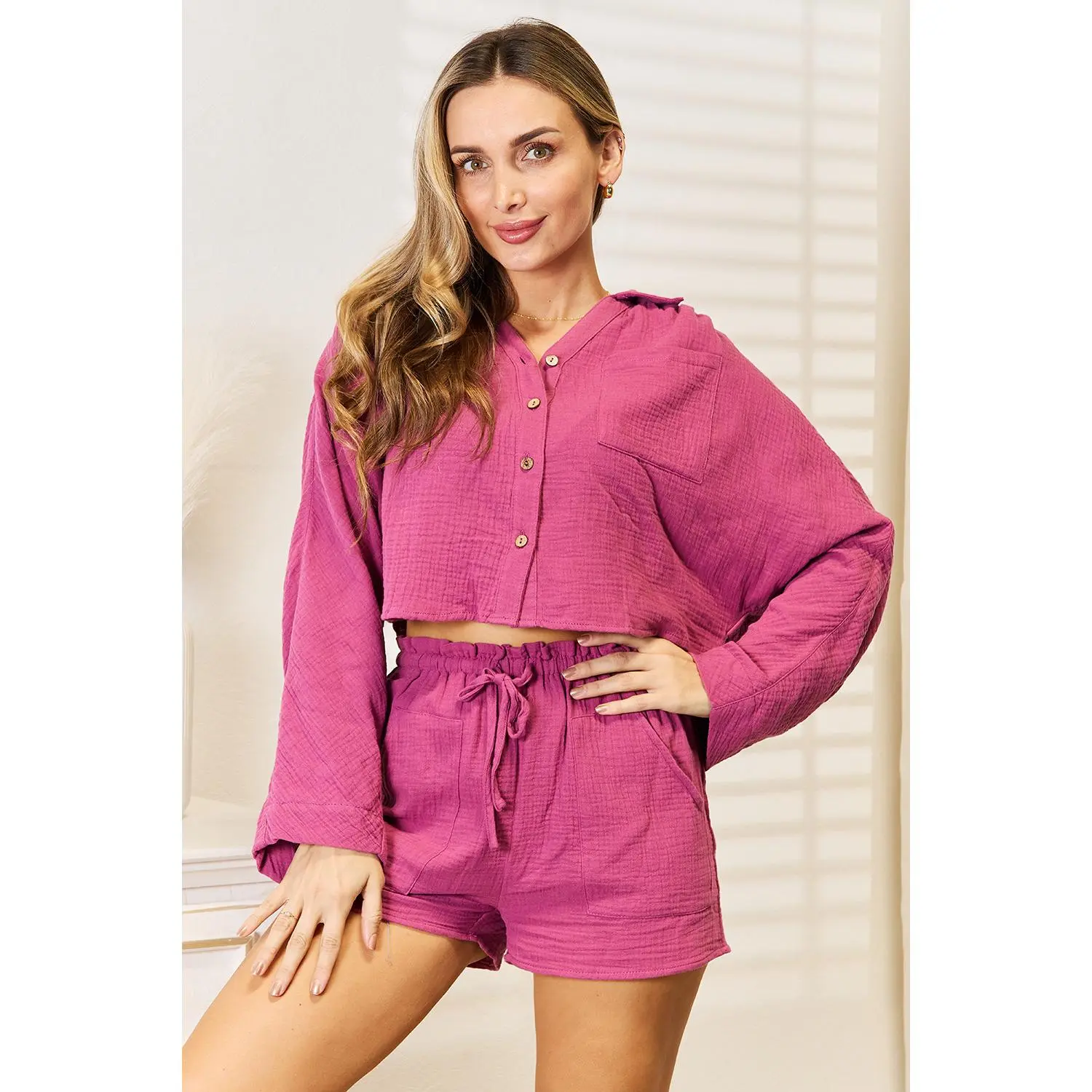 Basic Bae Buttoned Long Sleeve Top and Shorts Set in Magenta - Fitted, Above the Knee, Casual, 100% Cotton, Summer Wear