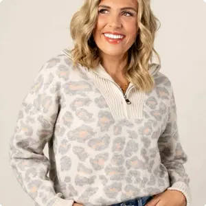 Amazing Leopards Half Zip Sweater Elegant and Soft Women's Cozy Animal Print Top Womenswear Zipper Pullover