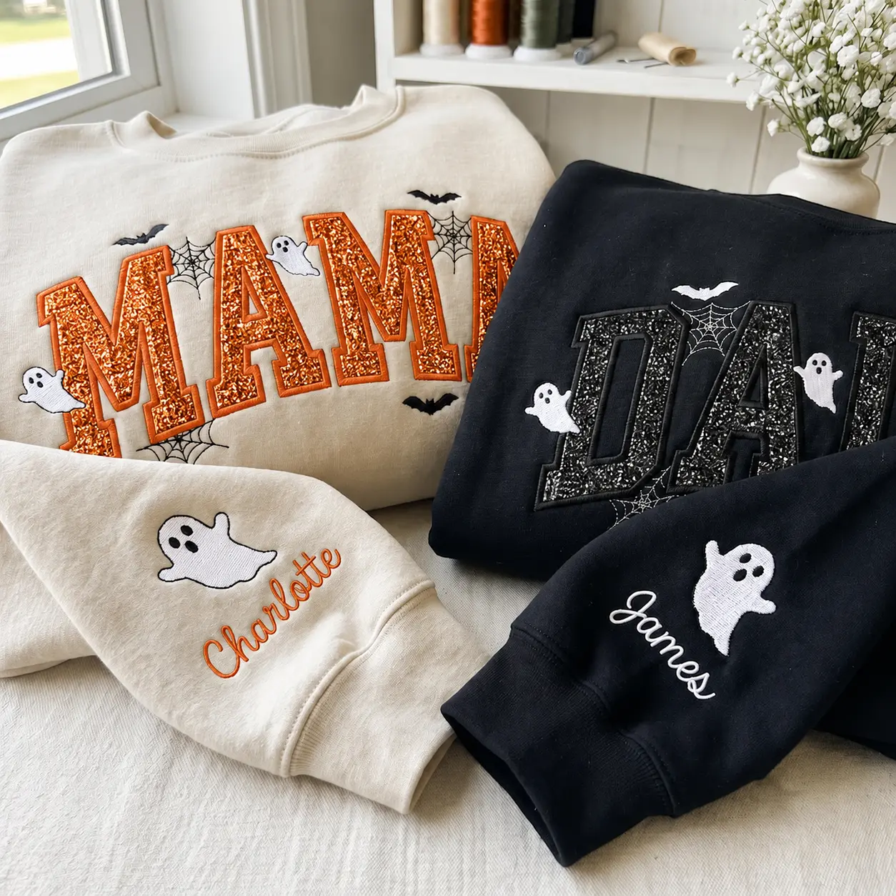 Spooky Mama Halloween Embroidered Sweatshirt, Gingham Applique Halloween Ghost Fall Mama Dada Crewneck, Fall Family Shirt, Cozy Autumn Gift