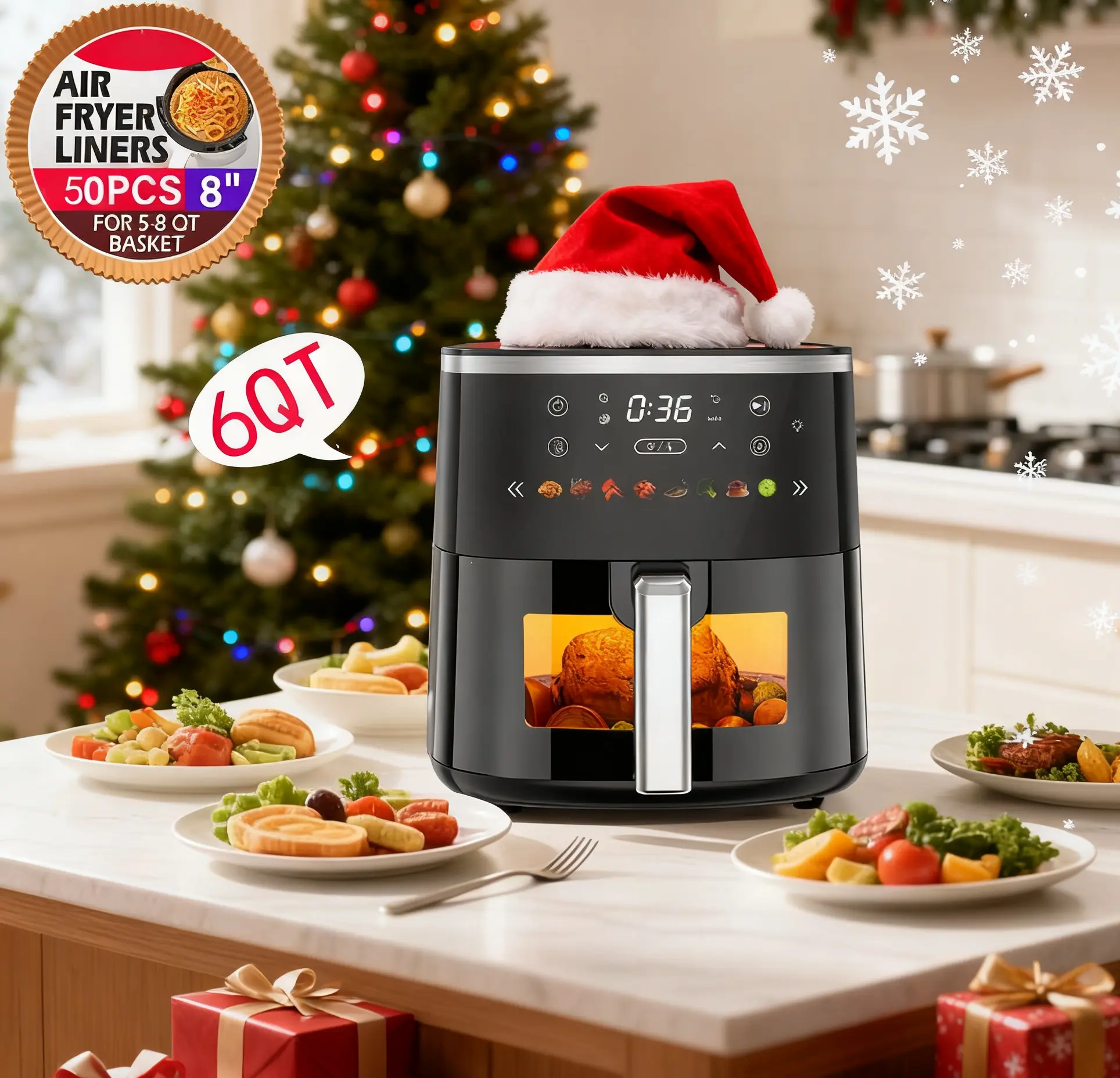 6QT Multifunction Air Fryer with Visible Window - 8 Preset Functions, Adjustable Temperature, Timer, 1550W Power, Digital Display, Kitchen Appliance, Automatic Digital Fryer, Versatile Cooking, Ideal Christmas Gift for Home Use