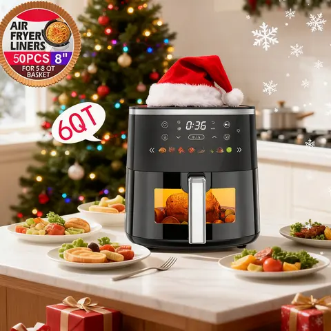 6QT Multifunction Air Fryer with Visible Window - Chrome, 8 Preset Functions, 6QT Family Batch Capacity, Adjustable Temperature, Timer, 1550W (1500 to 1599W), 120V, Digital Display, Home Use Kitchen Appliance, Versatile Cooking, Ideal Christmas Gift