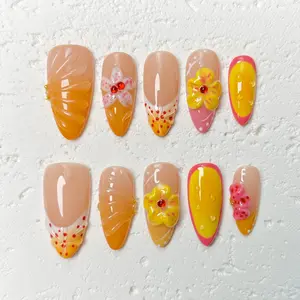 [Solar Bloom] Medium Almond Handmade Press on Nails, Fake Nails with Nail tool kit with Jelly Stickers, Reusable, Durable