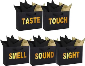 5 Senses Gift Bags for Him Her Five Senses Gift Bag with Ribbon Handles and Tissue Paper Present Wrappings for Valentine Wedding Birthday Mothers Day(Black,9.8 x 6.7 x 3.1 Inch) kringle  gift  bags