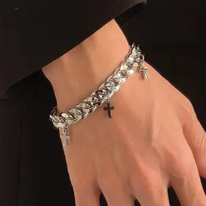Edgy Minimalist Titanium Steel Cuban Link Bracelet, Multi‑Mini Cross Charm Hip‑Hop Wristband, Cool Korean‑Style Versatile Hypoallergenic Jewelry for Daily Street Wear & Party Occasions