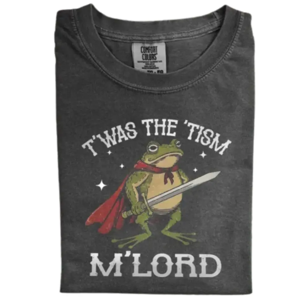 T'was the Tism Frog M'Lord Shirt, Funny Frog Graphic Tee, Quirky Frog Superhero Shirt, Tism Frog with Sword T-shirt, Christmas Frog Shirt, Gift for Men, Gift for Women, Crew Neck T-shirt, Trending T-shirt