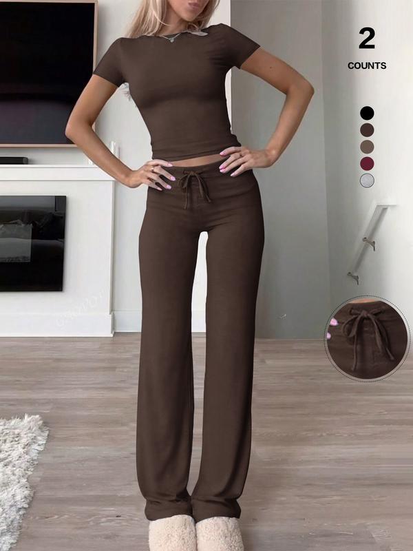 Women's Slim Fit Cropped T-Shirt & High-Waisted Flared Pants Sportswear Set, Casual All-Season, Perfect for Daily Wear Women's Slim Fit Cropped T-Shirt & High-Waisted Flared Pants Sportswear Set, Casual All-Season, Perfect for Daily Wear