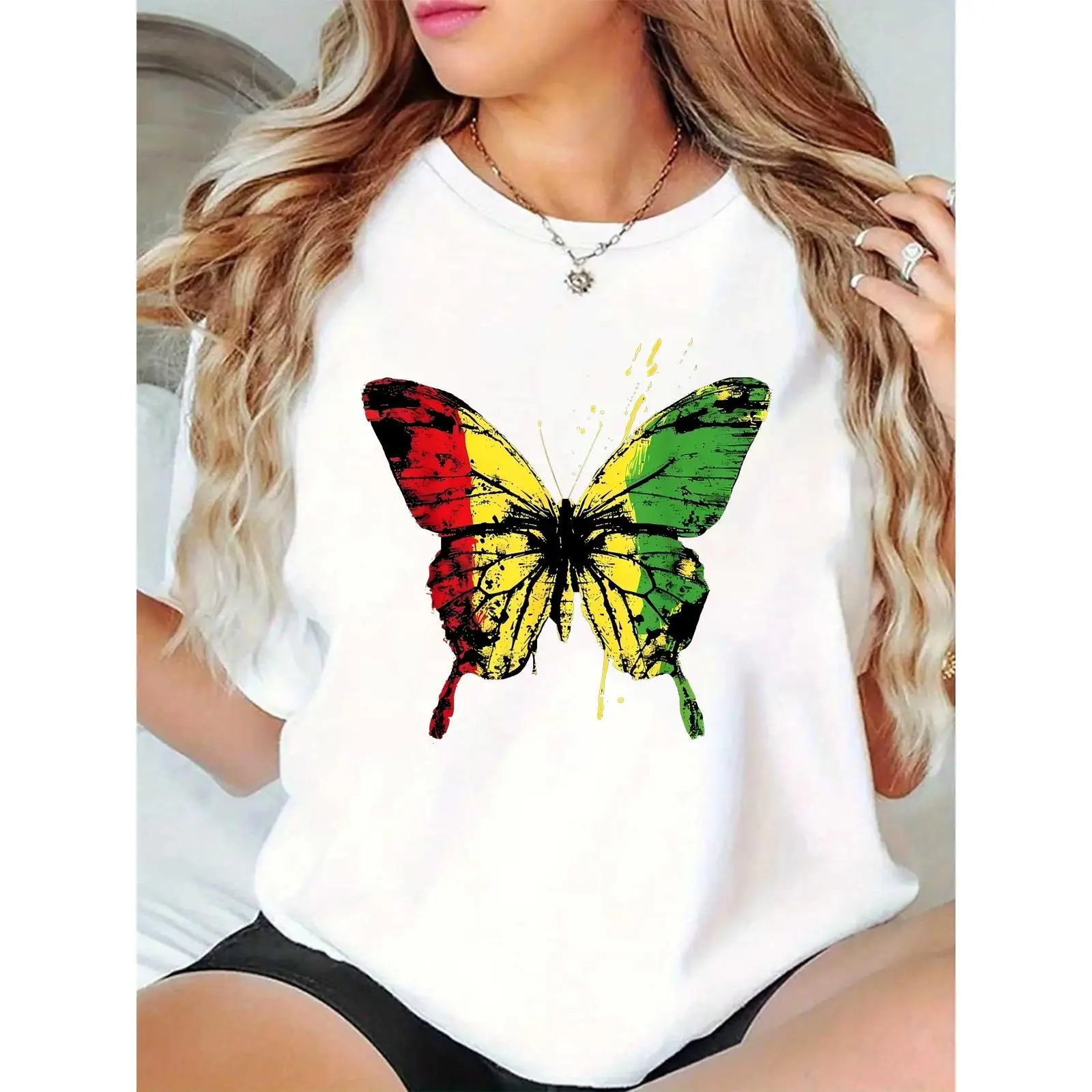 Women's 100% Cotton White Distressed Mali Flag Butterfly Graphic T-Shirt - Round Neck, Lightweight, Breathable, Relaxed Fit Casual Tee for Daily Streetwear, Mali Independence Day, All Seasons, Machine Washable