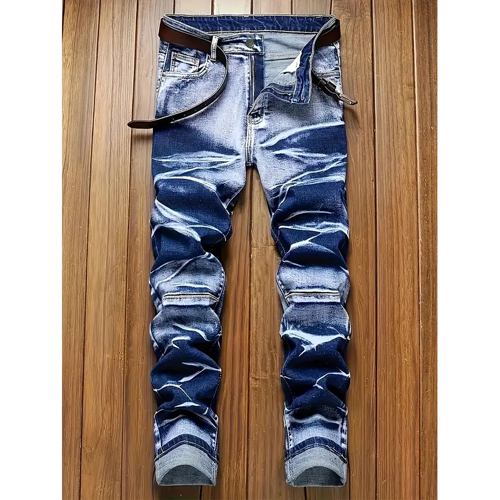 Stretch slim-fit jeans with unique swirl whisker texture, retro hip hop urban street pants