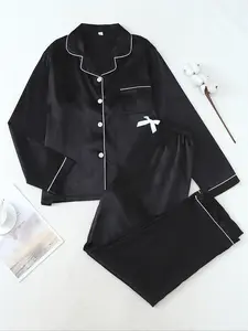 Women's Plain Soft Sleepwear Loungewear Set Long Sleeve Button Front Shirt & Pants, Casual Loose Fit Pajamas for All Seasons, Home Wear