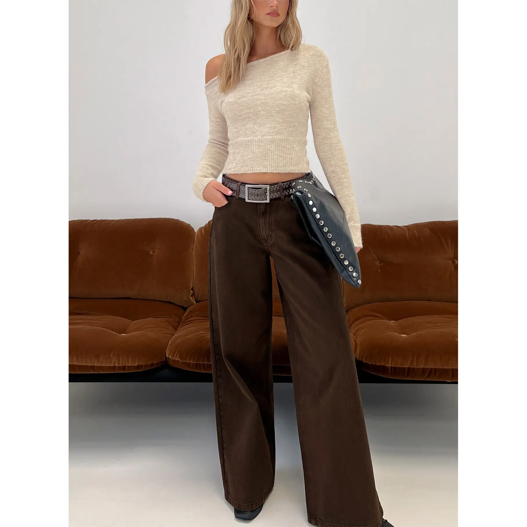 Naylor Mid Rise Wide Leg Jeans Brown