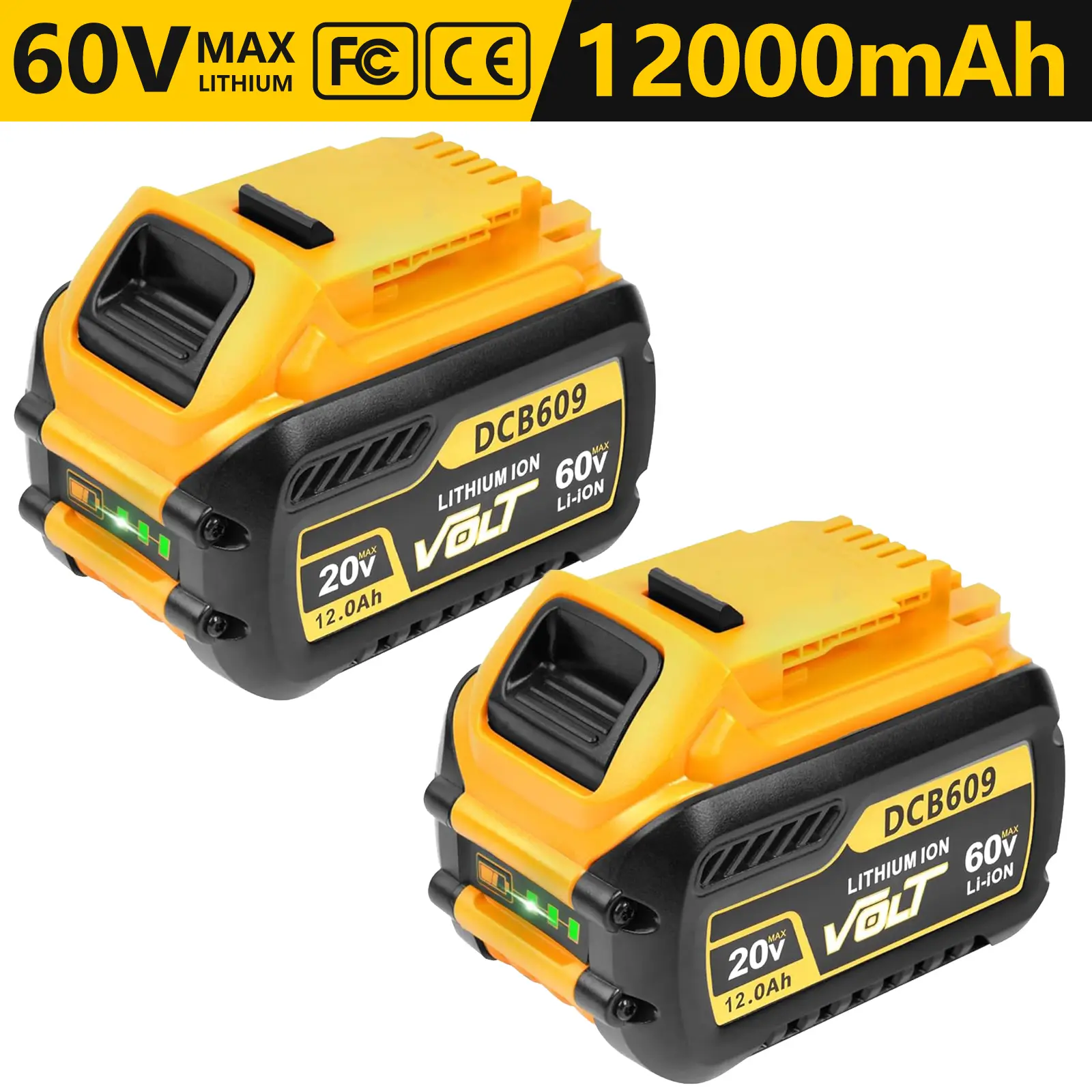 2-Pack 20V/60V MAX 12000mAh High-Capacity Lithium-Ion Replacement for Dewalt Cordless Power Tool Replacement Batteries,  Compatible with DCB606, DCB609, DCB612 long-lasting construction durable