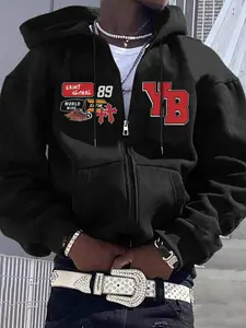 Spring and Autumn new men's jacket trend personalised monogram print regular large size casual sports men's long-sleeved zip hooded clothes