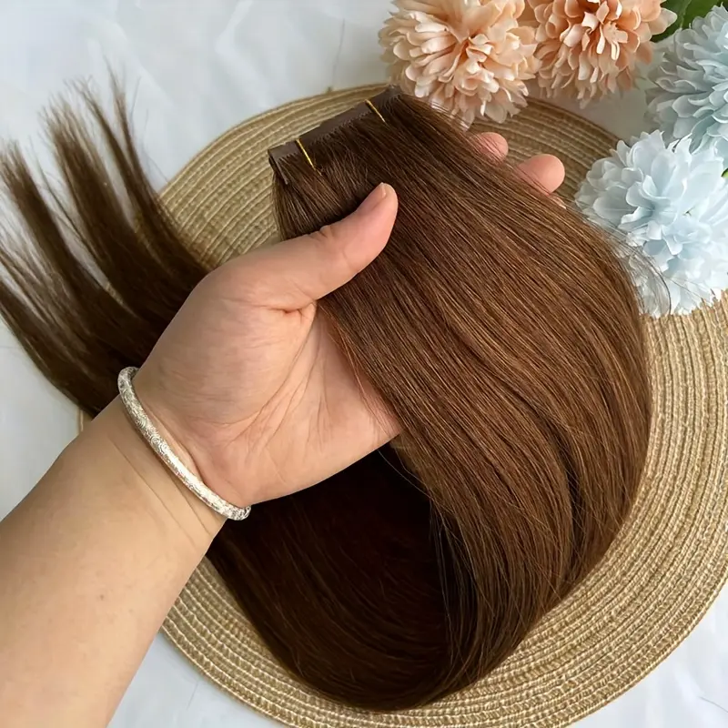 Hair Extensions, Straight Real Human Hair for Women in Mocha Brown, Glueless Twin Tab Tape-In for Seamless Blending, 12-20 Inch Long, Glueless Straight Hair