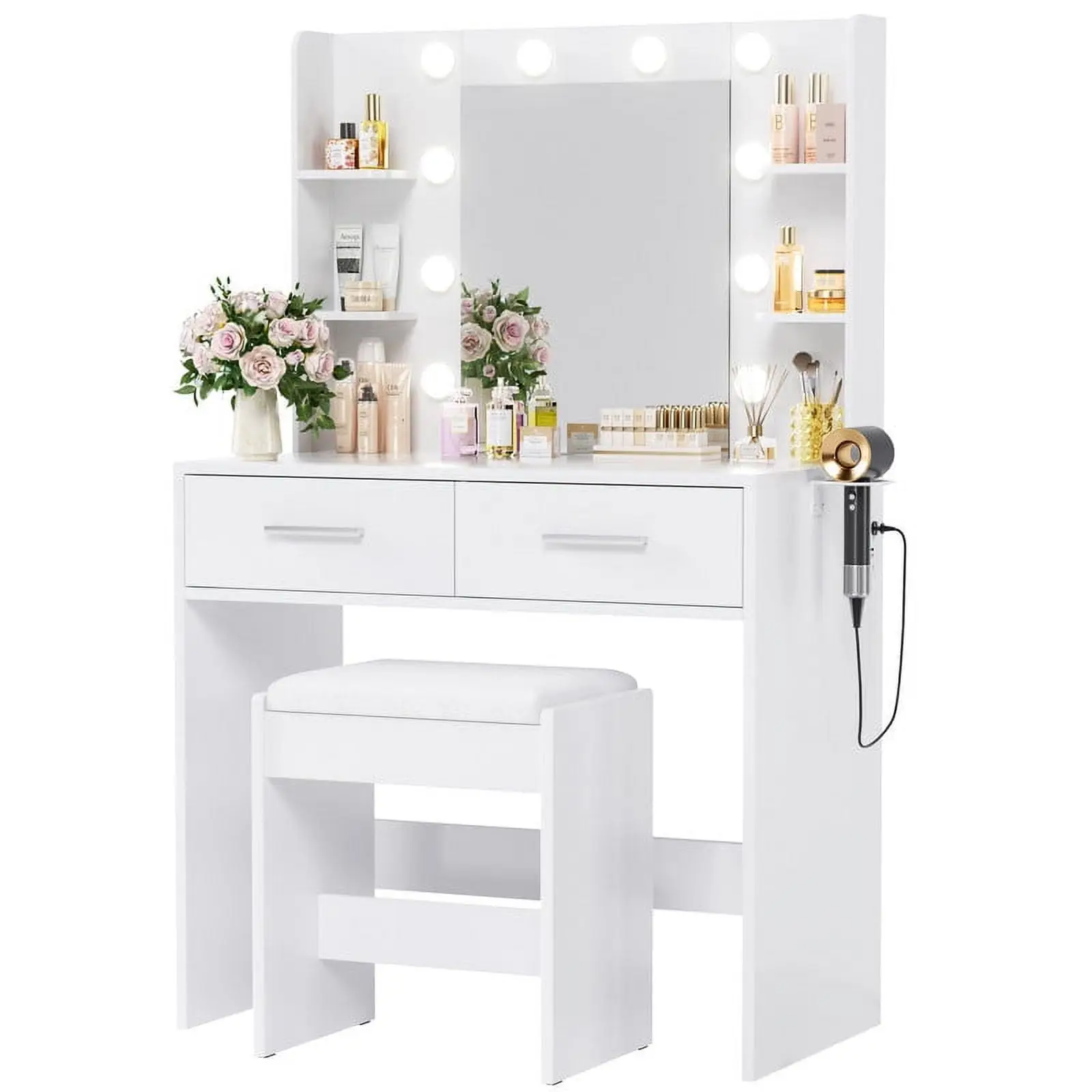HOMALL Makeup Vanity Table and Chair Set with 3 Modes Adjustable Lights and Mirror Vanity Desk with Shelves and Drawer, White