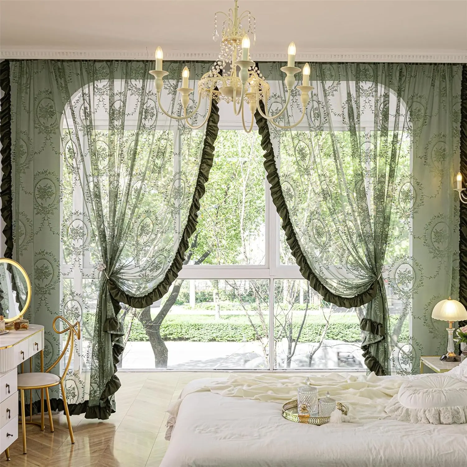 Olive Green Boho Lace Curtains - 2 Panels (W57 x L84 in), Rustic Ruffled Flowy Sheer for Bedroom, Dining Room, Canopy Bed, Low Iron, Double Sided, Privacy Window Treatments, Do Not Bleach, Sage Green, Embroidery
