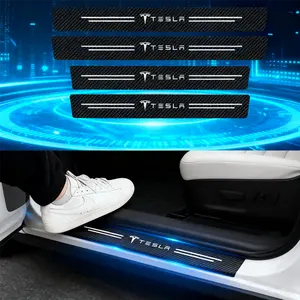 4pcs Carbon Fiber Car Door Sill Protector Plate Anti-Scratch Bumper Stickers For Tesla Model 3 X Y S Auto Valve Accessories