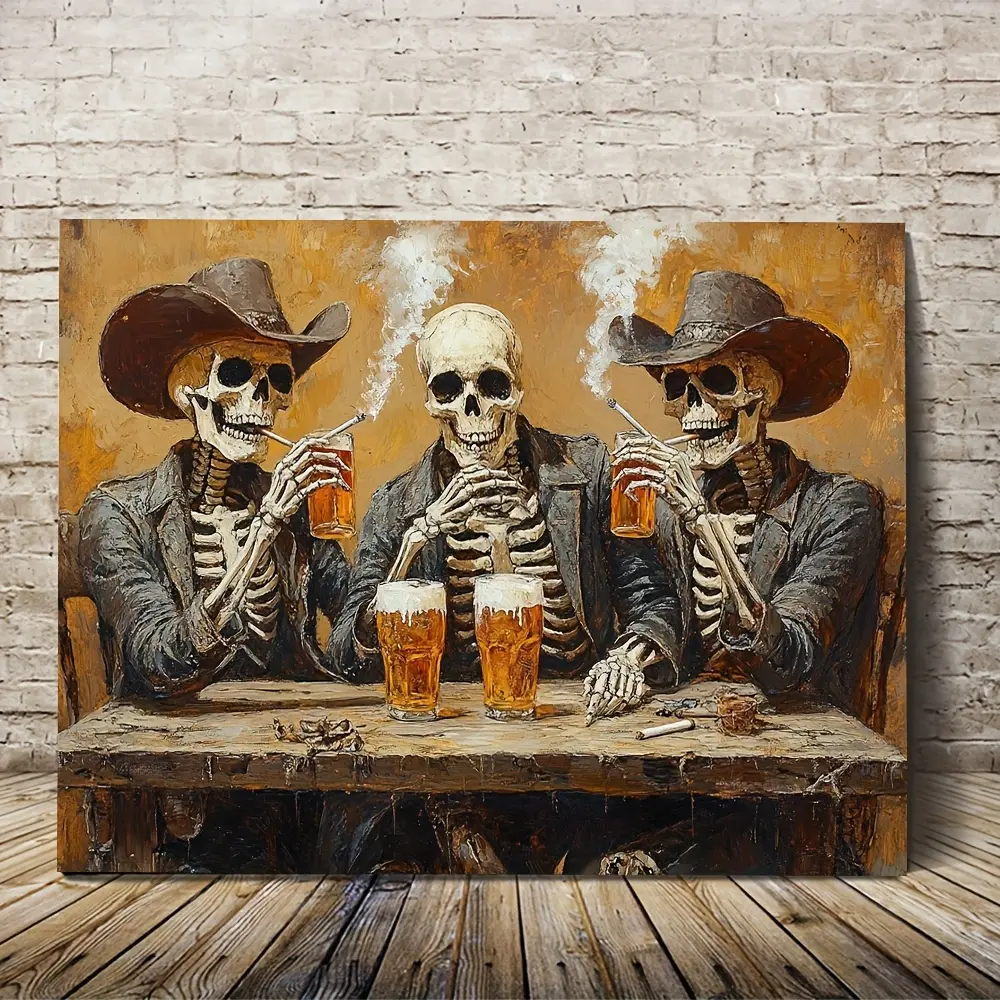 1 PC High-Quality Canvas Poster with 2D-Wrapped Frame - Skeletons Drinking Beer Smoking Design - Modern Aesthetic Wall Art, Decor Inspo - Home Supplies for Living Room Decor Clearance