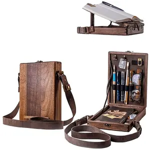 Wooden Pencil Case, Art Drafting Pencils, Art Markers, 1 Count Multifunctional Artist Tool & Brush Storage Box, Portable Shoulder Bag for Home Office School