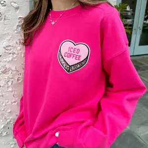 'Iced Coffee Candy Heart' Chenille Letter Patch Sweatshirt - Cozy Valentine's Day Gift for Caffeine Lovers