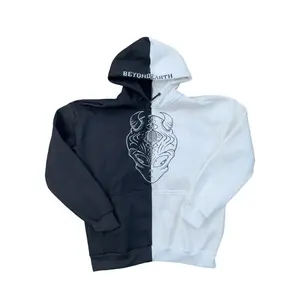 Unisex Half and Half Split Hoodie White & Black Screen Printed Hood and Logo with Front Pockets and Adjustable String, Super Soft Inside