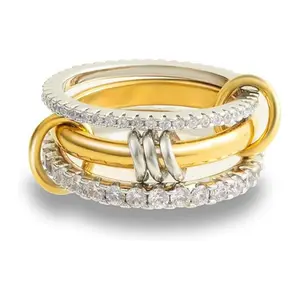 Couple ring Tewiky Golden Interlocked Stackable Rings for Women - Statement Multi Ring Mixed Metals Stack - Cubic Zirconia Two-Toned Stacking Jewelry Double Layer