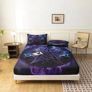 3Pcs Purple Blue Pentagram Fitted Sheet Set, Gothic Witchy Wiccan Bed Sheets with Pillowcases, Dark Aesthetic Decorative Bedding Sets for Bedroom (1 Fitted Sheet + 2 Pillowcase No Pillow)