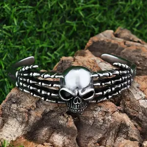 GTHIC Punk Skeleton Hand Skull Head Stainless Steel Open Bracelet for Men Women Statement Jewelry Daily Wear