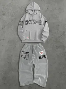 Men's Fashion Casual Fitted Hooded Knit Sweatshirt & Straight Leg Pants Set, City Name Print Long Sleeve Top, Spring & Fall, Fabric