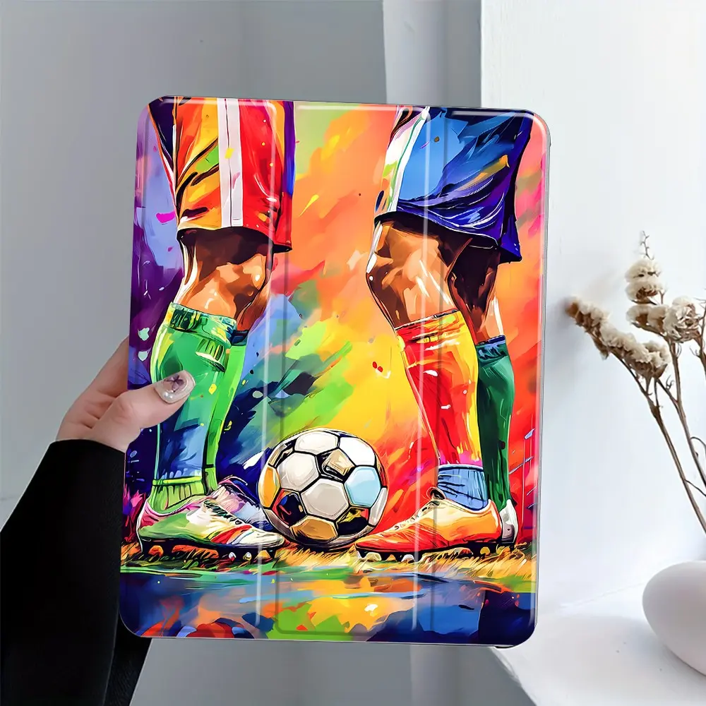 Vibrant Soccer Player Tablet Case with Stand, Auto Wake/Sleep Folio Cover for iPad, Protective TPU Back,Graffiti Style Football Print for Sports Fans,Fits iPad10.2/10.5/10.9/11/12.9 13 inch,Shock-resistant Full Cover Protective Case  Suitable for Offices