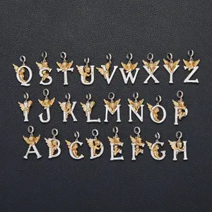 Iced Out Angel Initial Necklace, A–Z Letter CZ Diamond Pendant, Gold Plated Stainless Steel Chain for Men Women jewellery