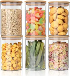 6 PCS 32 fl oz Large Capacity Food Safe Glass Jar Set, Airtight Stackable Food Storage Containers for Coffee Beans, Pasta, Flour, Candies, Cookies, Nuts, Gummies, Glass Food Canisters with Wood Lids, Kitchen & Pantry Organizers