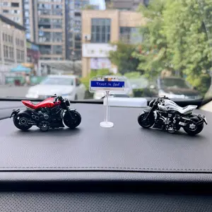 Mini Motorcycle & Street Sign Car Dashboard Decor Set - Cool 3D Biker Scene, with 4 Adhesive Pads, Unique Auto Gift for Men (ABS Material)