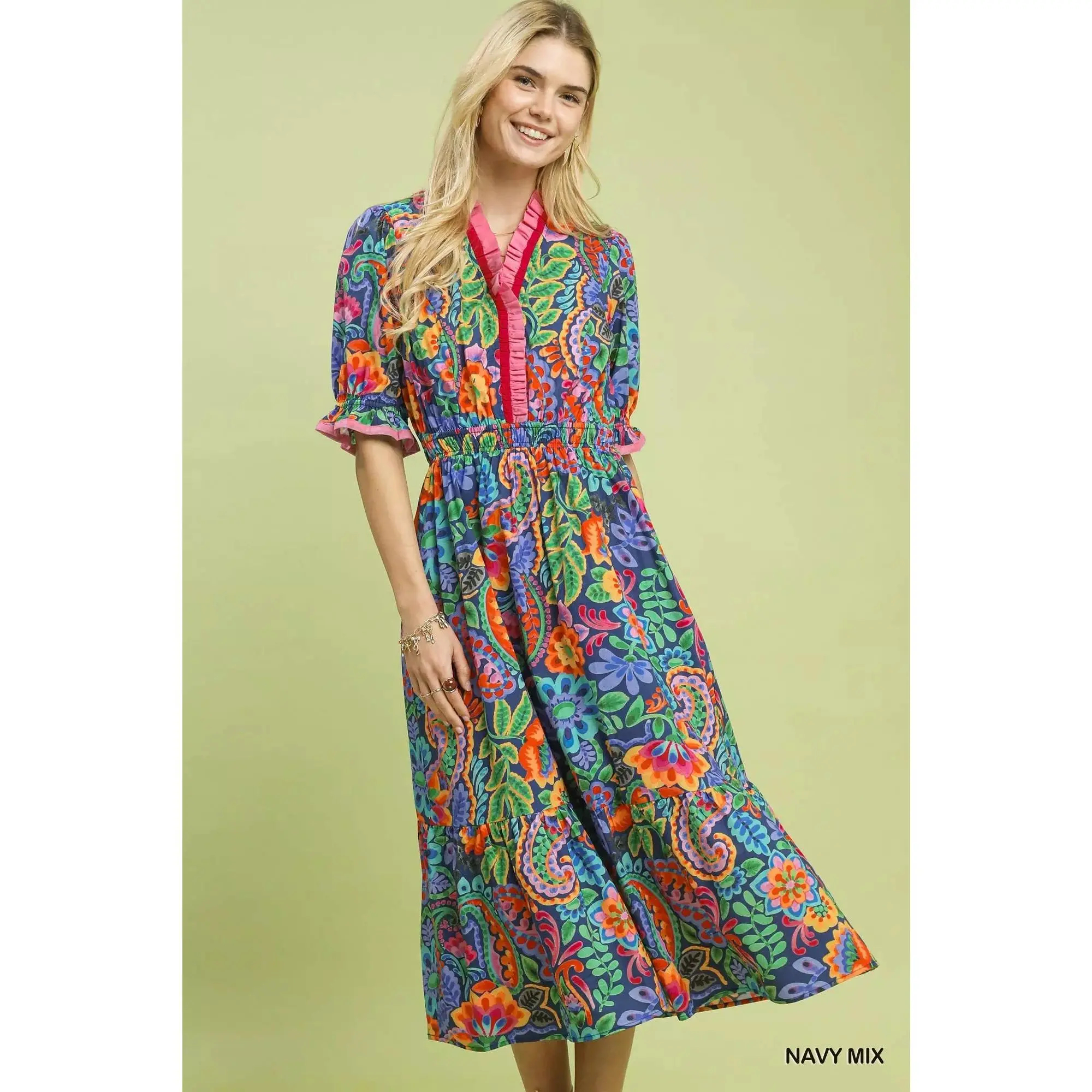 Umgee Mix Floral Midi Dress with Ruffle Trim