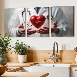 3 Piece Set Wooden Framed Canvas Poster, Doctor, Nurse, Medical Art, Operating Table, Stethoscope, Heart,  Breast Cancer Ribbon, Vintage Watercolor Style, Home Decor, Art Print, Wall Art for Living Room, Bedroom, Office, Hallway, Ideal Gift For Friends.