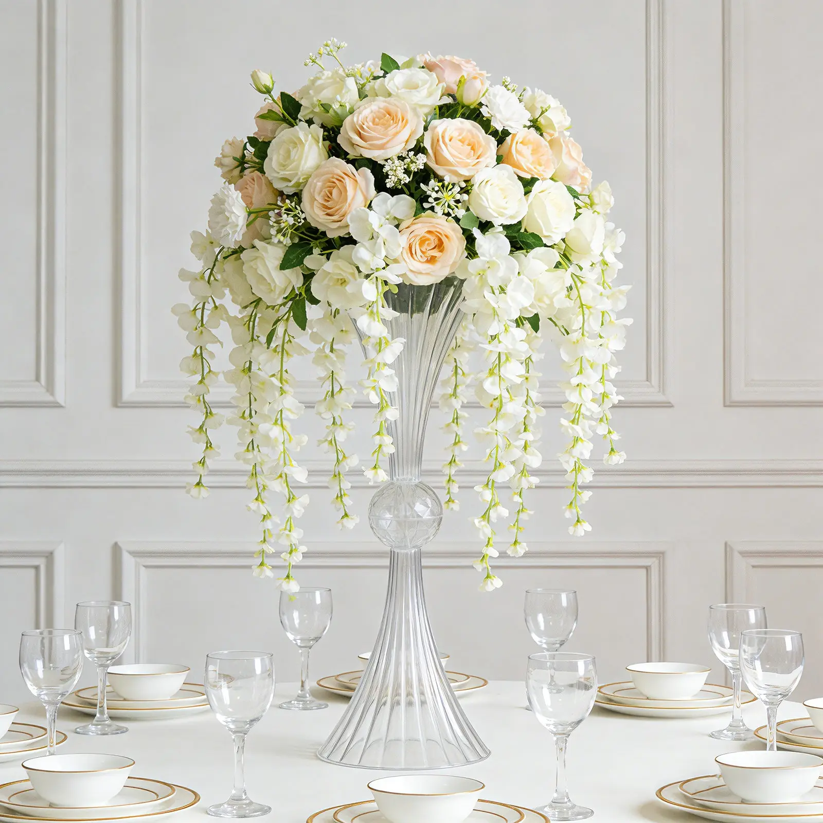 4 Pack Ribbed Acrylic Trumpet Vases – 32" Clear Reversible Flower Centerpiece with Crystal Ball Accent