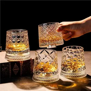 Crystal Whiskey Glasses Set, 280ML Premium Cut Glass Tumblers with Spinning Base, Textured Diamond Pattern, Decorative Drinkware for Scotch, Bourbon
