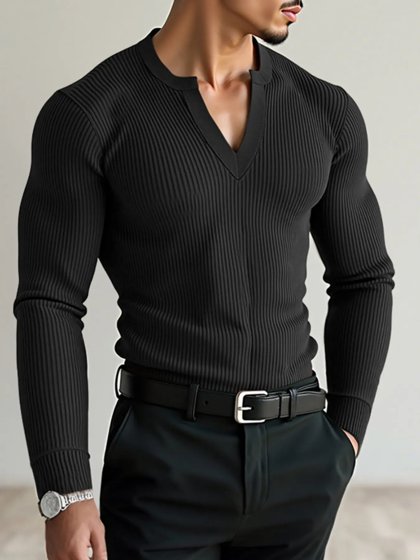 INCERUN Men T Shirt Solid Color V Neck Long Sleeve Knitted Streetwear Male Tee Tops Spring Autumn Fashion Casual Men Clothing Menswear