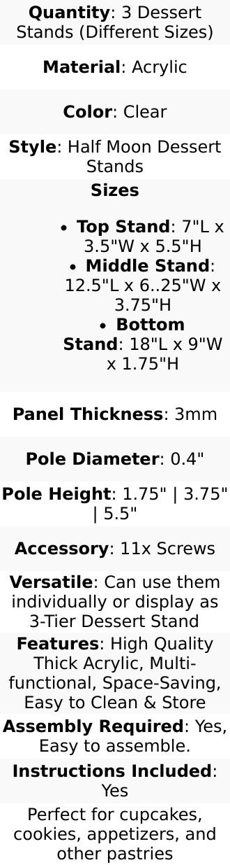 Set of 3 Acrylic Half-Moon Display Riser Stands – 3-Tier Clear Dessert Pedestal for Cakes, Collectibles & Figurines - 7",13",18"