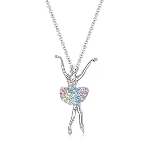 2025 Jewelry Design Fashion Ballerina Ballet Dancer Dancing Girl Colorful Tutu Birthstone Crystal Rhinestone Pendant Necklace for Women Jewelry