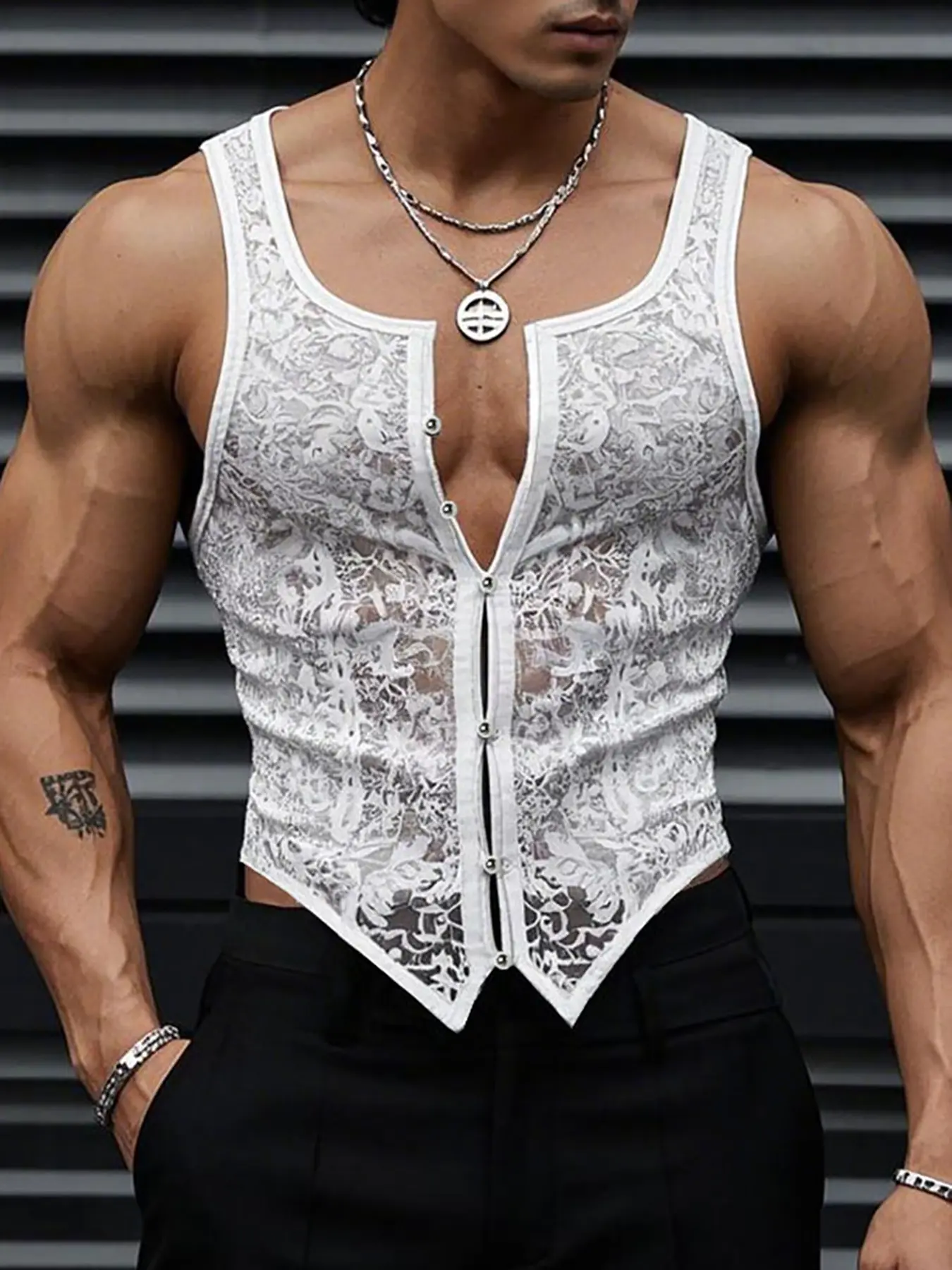 INCERUN  Men's Fashion Basic Sexy Vneck Tank Top, Sleeveless Lace Button Design Vest, Casual Daily Wear, Menswear