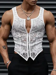 INCERUN  Men's Fashion Sexy Tank Top, Sleeveless Lace Button Design Vest, Casual Daily Wear
