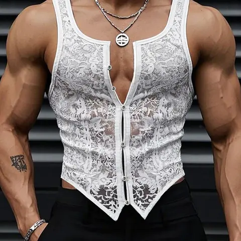 INCERUN  Men's Fashion Basic Sexy Vneck Tank Top, Sleeveless Lace Button Design Vest, Casual Daily Wear, Menswear