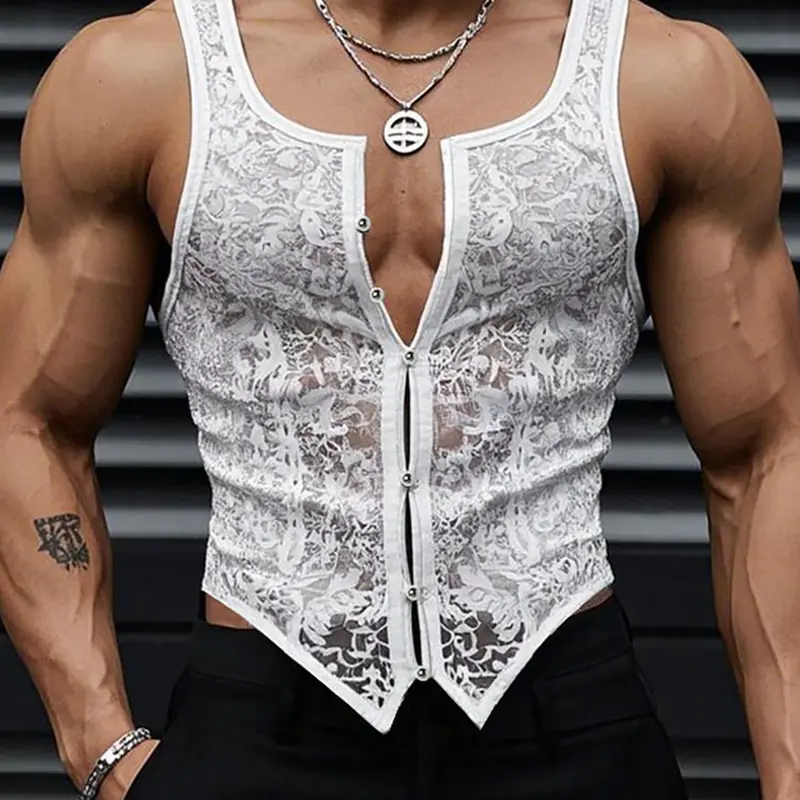 INCERUN  Men's Fashion Basic Sexy Vneck Tank Top, Sleeveless Lace Button Design Vest, Casual Daily Wear, Menswear
