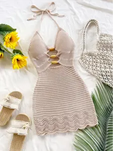 New Women's Fashion One-Piece Sweater Dress, Hollow Out Knot Design, High Stretch Halter Neck, Sexy Beachwear, Casual Elegant Short Dress
