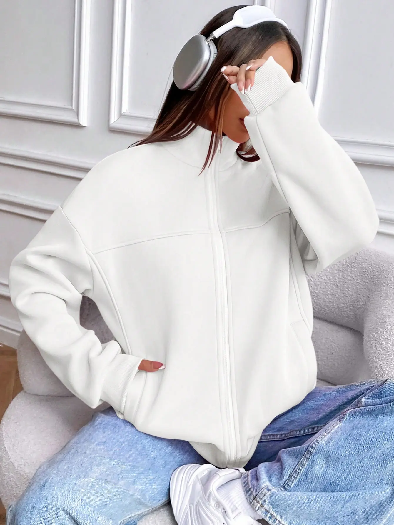 Casual Solid Color Stand Collar Fleece Sweatshirt, Autumn/Winter