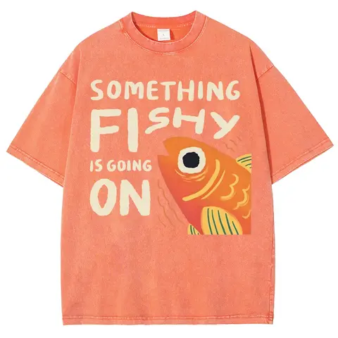 Men's Chic Cotton Vintage Washed 90s Graphic Tee - Short-Sleeve Round Neck, Funny Fish Pun Print, Oversized Casual Top for Vacation, Streetwear