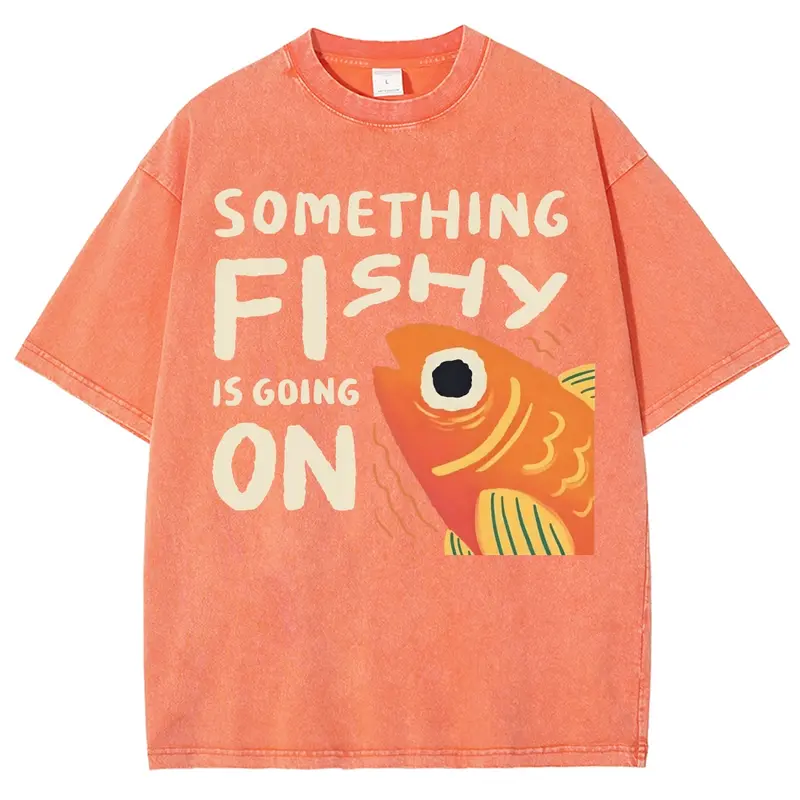Men's Chic Cotton Vintage Washed 90s Graphic Tee - Short-Sleeve Round Neck, Funny Fish Pun Print, Oversized Casual Top for Vacation, Streetwear